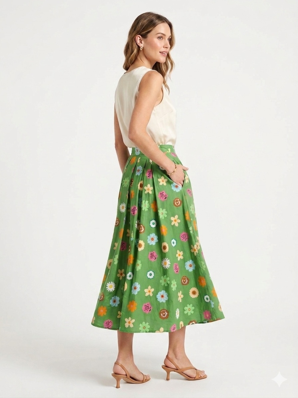 Tulip B NWT Green Floral A-Line Midi Lined Skirt with Pockets Size Large